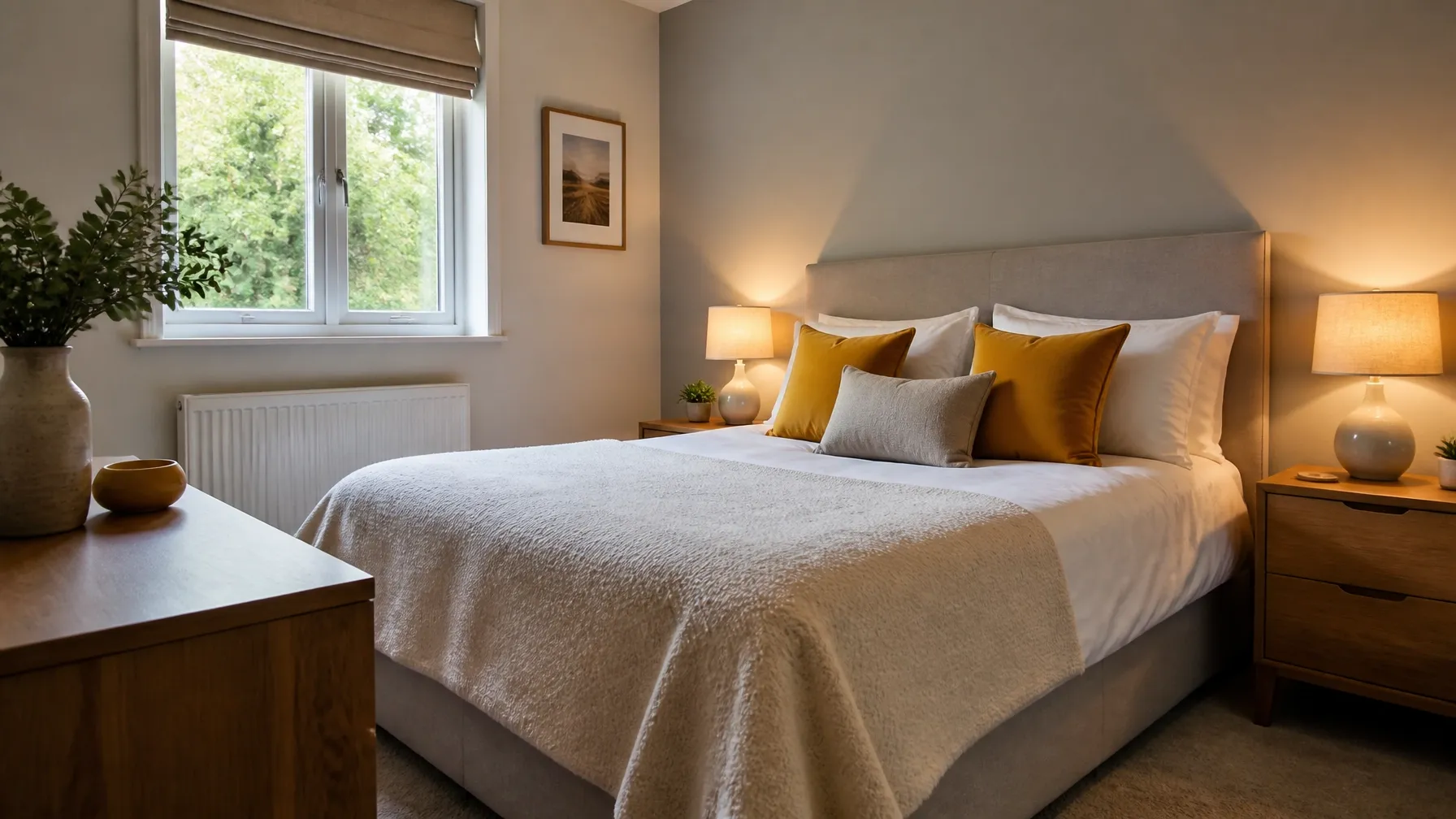 Made-up bedroom prepared for a British short-stay property